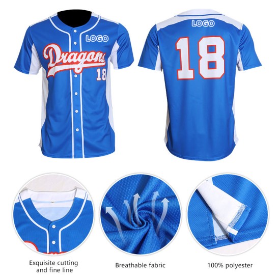 OEM ODM High Quality Light Blue Sublimation Baseball Jersey Breathable Custom Sportswear for Unisex Adults