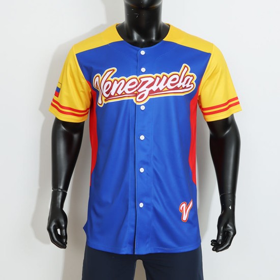 New Arrival V Neck Buttons Blue China Custom Baseball Jersey