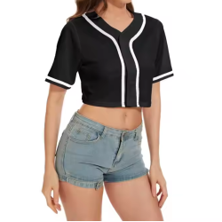 Women's Crop Top Baseball Jersey in Black & White Stripe Custom LOGO OEM & ODM Breathable Plus Size Shirt