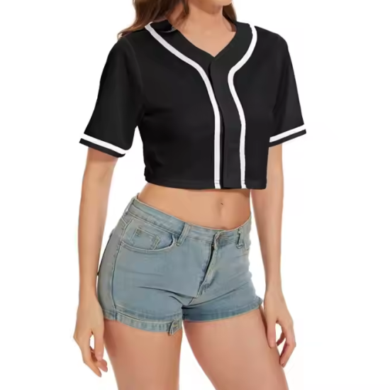 Women's Crop Top Baseball Jersey in Black & White Stripe Custom LOGO OEM & ODM Breathable Plus Size Shirt