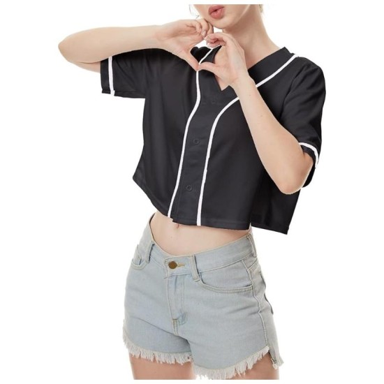 Women's Baseball Jersey Crop Top Button Down V-Neck Blouse with Short Sleeves Sportswear for Softball and Baseball
