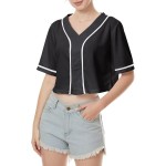 Women's Baseball Jersey Crop Top Button Down V-Neck Blouse with Short Sleeves Sportswear for Softball and Baseball