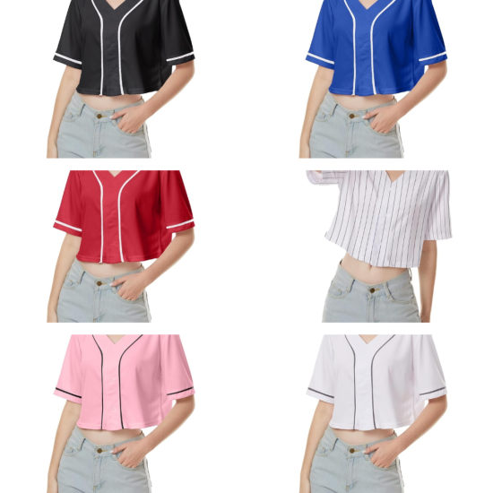 Women's Baseball Jersey Crop Top Button Down V-Neck Blouse with Short Sleeves Sportswear for Softball and Baseball